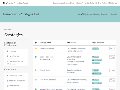 Screenshot of the Wyoming Prevention Environmental Strategies Catalog website.